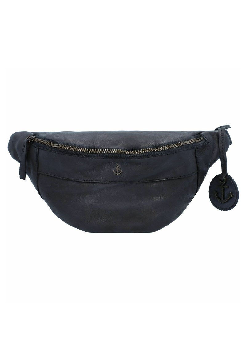 Marsupio in pelle nera con design curvo, chiusura con zip, tasca frontale e ciondolo rotondo rimovibile con emblema dell'ancora.