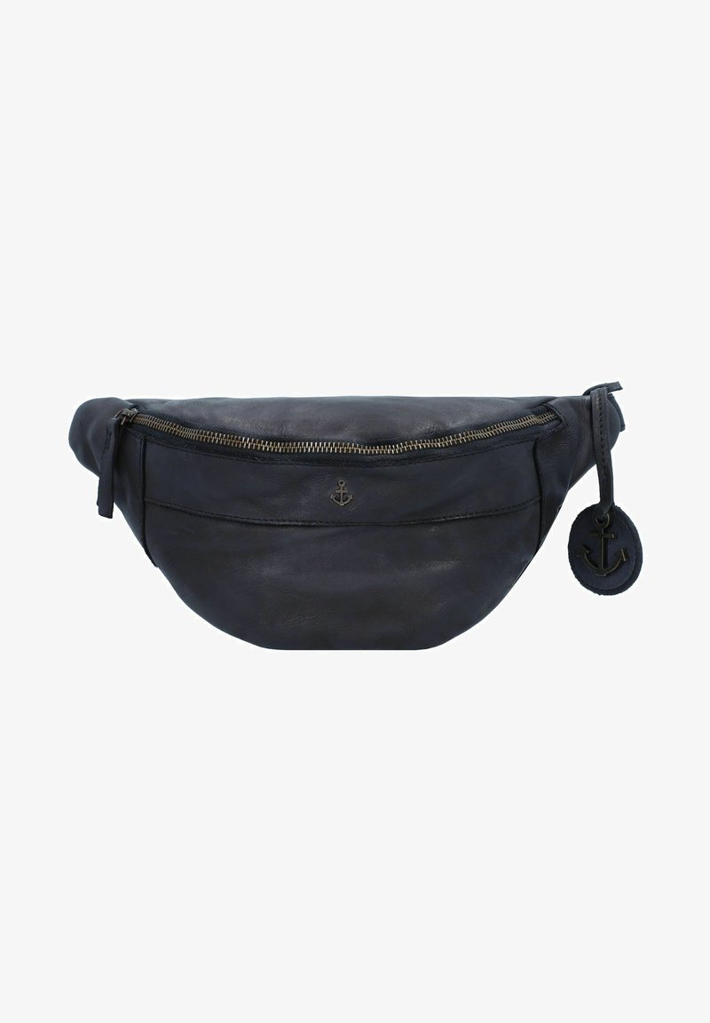 Marsupio in pelle nera con design curvo, chiusura con zip, tasca frontale e ciondolo rotondo rimovibile con emblema dell'ancora.