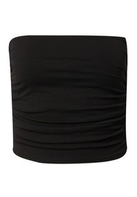 Zwarte strapless top gemaakt van glad, rekbaar materiaal, met een geplooide textuur aan de zijkanten en een rechte zoom aan de onderkant.