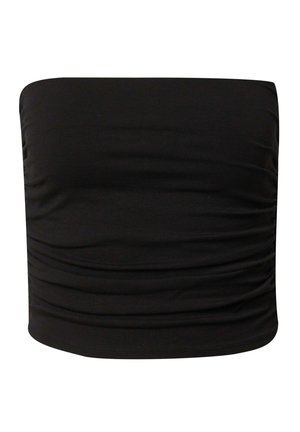 Zwarte strapless top gemaakt van glad, rekbaar materiaal, met een geplooide textuur aan de zijkanten en een rechte zoom aan de onderkant.