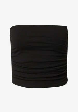 Zwarte strapless top gemaakt van glad, rekbaar materiaal, met een geplooide textuur aan de zijkanten en een rechte zoom aan de onderkant.