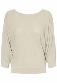 Hellbeige gestrickter Pullover mit weitem Bootsausschnitt, 3/4-Ärmeln und geripptem Struktur. Lässige Passform mit leichtem Stretch und Fall.