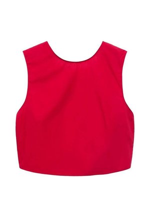 Red cropped top with a round neckline and sleeveless design, featuring smooth fabric and minimal stitching. No visible patterns or hardware.