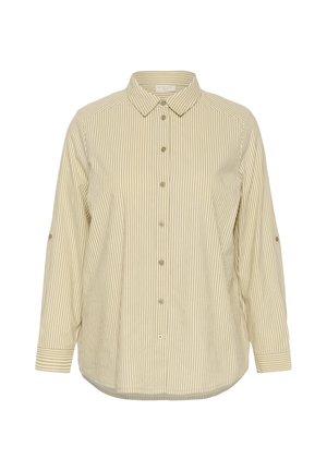 Beige-wit, verticaal gestreept overhemd met lange mouwen, knoopsluiting, klassieke kraag en met knopen afgewerkte manchetten.