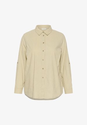 Beige-wit, verticaal gestreept overhemd met lange mouwen, knoopsluiting, klassieke kraag en met knopen afgewerkte manchetten.