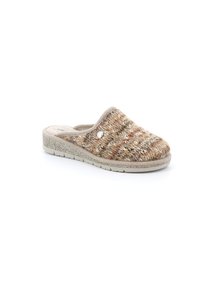 Zoccoli slip-on in maglia marrone e beige con una parte superiore testurizzata, suola chiara e un elemento decorativo metallico.