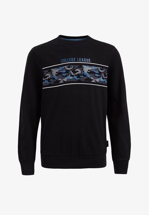 Czarna bluza z długim rękawem z niebiesko-szarym kamuflażowym paskiem na wysokości klatki piersiowej i napisem "COLLEGE LEAGUE" nad paskiem.