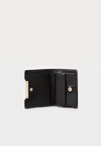 Black leather wallet with a snap closure, multiple card slots, and a gold-tone accents. Smooth texture with an interior divider pocket.