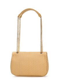 Borsa a tracolla gialla intrecciata con superficie texture, dotata di una doppia catenella e forma arrotondata, che mette in risalto la sua lavorazione dettagliata.
