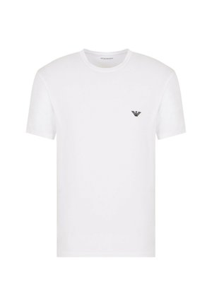 T-shirt bianco in cotone con scollatura rotonda e maniche corte. Presenta un piccolo logo nero nella zona sinistra del petto. Texture liscia.