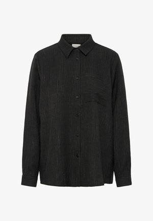 Zwarte overhemden met een textuur, met verticale strepen, een puntkraag en een borstzak aan de linkerkant.