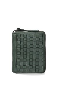 Green leather wallet featuring a woven texture with square patterns, zip closure, and a pull tab for easy access.