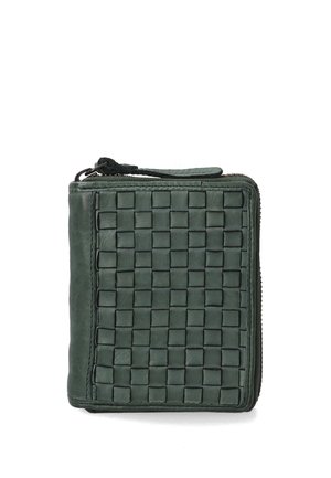 Zelená kožená peněženka s tkanou texturou a čtvercovými vzory, na zip s jezdcem pro snadný přístup.