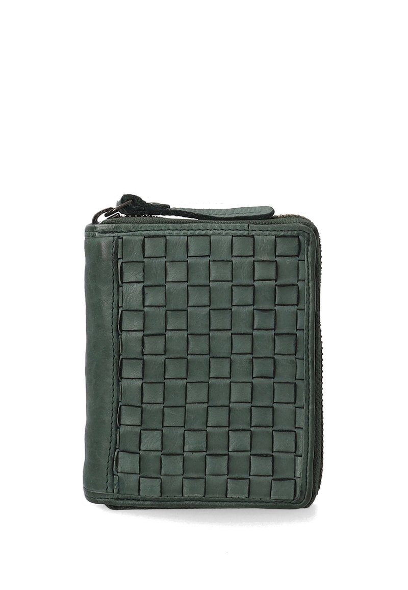 Green leather wallet featuring a woven texture with square patterns, zip closure, and a pull tab for easy access.
