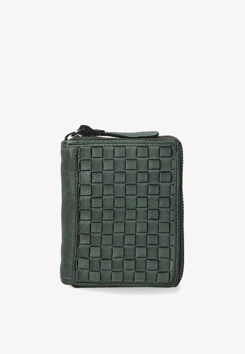 Green leather wallet featuring a woven texture with square patterns, zip closure, and a pull tab for easy access.