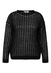 Maglione nero lavorato a maglia con righe orizzontali e verticali, caratterizzato da una trama leggera e trasparente. Include un collo rotondo e maniche lunghe.