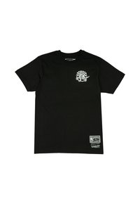 Schwarzes Baumwoll-T-Shirt mit einem Grafikdruck auf der Vorderseite und einem Logoetikett am unteren linken Rand. Klassisches Rundhals-Design.