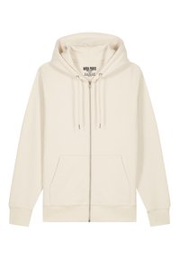 Felpa crema con zip, cappuccio regolabile con cordino, tasche frontali e polsini a costine. Tessuto morbido con una superficie liscia e dettagli minimi.