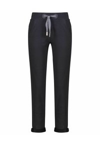Dunkelgraue Sweatpants mit einem Kordelzugbund, zwei seitlichen Taschen und umgeschlagenen Säumen. Hergestellt aus weichem Stoff mit glatter Textur.
