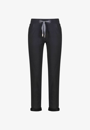 Dunkelgraue Sweatpants mit einem Kordelzugbund, zwei seitlichen Taschen und umgeschlagenen Säumen. Hergestellt aus weichem Stoff mit glatter Textur.