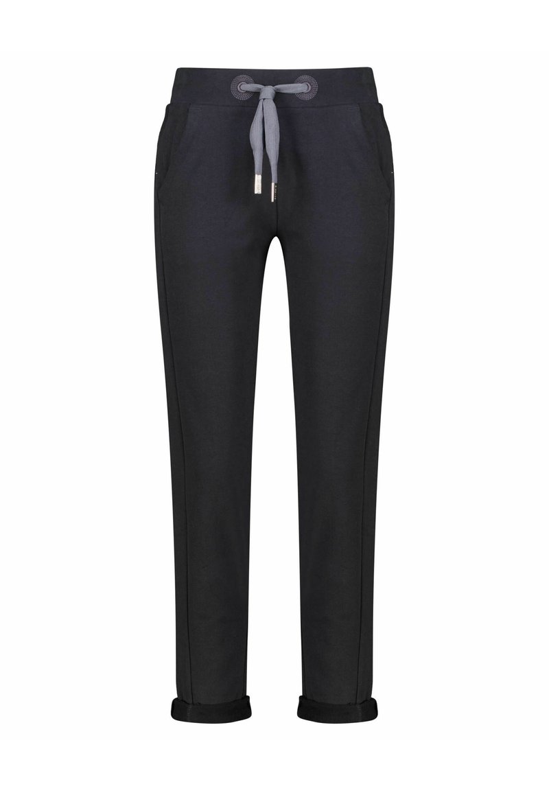 Dunkelgraue Sweatpants mit einem Kordelzugbund, zwei seitlichen Taschen und umgeschlagenen Säumen. Hergestellt aus weichem Stoff mit glatter Textur.