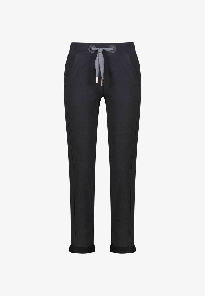 Dunkelgraue Sweatpants mit einem Kordelzugbund, zwei seitlichen Taschen und umgeschlagenen Säumen. Hergestellt aus weichem Stoff mit glatter Textur.