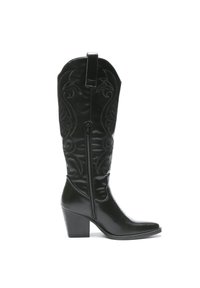 Botas de cowboy de cuero negro hasta la rodilla con puntera afilada, diseño floral en relieve y tacón cuadrado, con cierre de cremallera lateral.