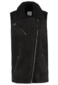 Gilet smanicato in shearling nero con ampio colletto e tre tasche con cerniera asimmetriche, chiusura frontale con zip e morbida texture in suede.