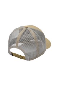 Tan cap with a rigid visor, featuring a breathable silver mesh back and adjustable strap. Detailed stitching visible on the visor.