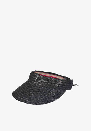 Visière en paille tissée noire avec un bord courbé et une bande intérieure colorée. Sangle ajustable à l'arrière pour un bon ajustement. Design léger.