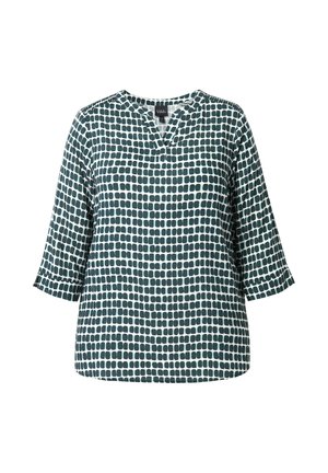 Groene en witte blouse met een V-hals, 3/4 mouwen, voorzien van een ruitpatroon van afwisselend gevulde en lege rechthoeken. Soepele stofstructuur.