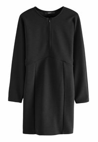 Abito nero con scollatura rotonda e zip frontale a metà. Maniche lunghe, tessuto testurizzato, corpetto aderente con gonna svasata. Design semplice.