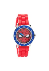 Orologio in silicone rosso con lunetta blu, caratterizzato da un design di Spider-Man. Il quadrante mostra indicatori delle ore e dei minuti con motivi a ragnatela.