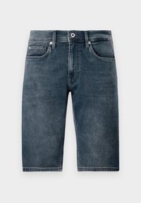 Temno modri jeans kratke hlače, dolžine do kolen, z gladko teksturo, petimi žepi in kovinskim gumbom za zapiranje. Rahlo zbledel videz za sproščen slog.