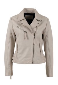 Giacca da moto in pelle beige con zip asimmetriche, hardware argentato e design aderente con bottoni a pressione sul colletto.