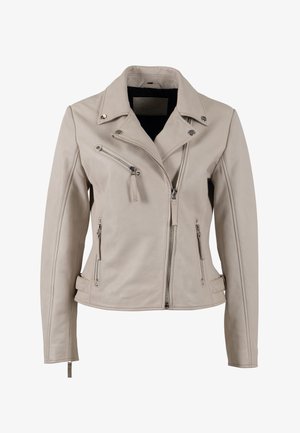 Beige Leder-Motorradjacke mit asymmetrischen Reißverschlüssen, silbernem Hardware und einem figurenbetonten Design mit Druckknöpfen am Kragen.