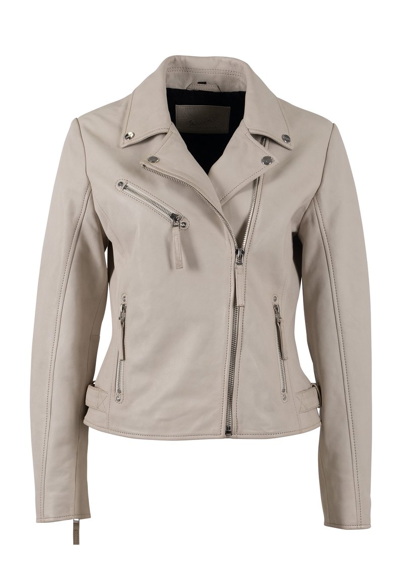 Giacca da moto in pelle beige con zip asimmetriche, hardware argentato e design aderente con bottoni a pressione sul colletto.