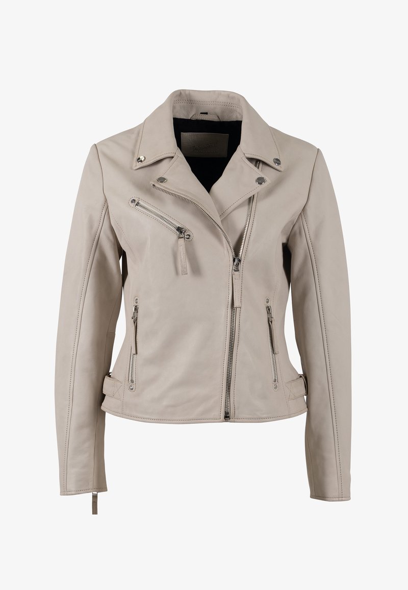 Giacca da moto in pelle beige con zip asimmetriche, hardware argentato e design aderente con bottoni a pressione sul colletto.