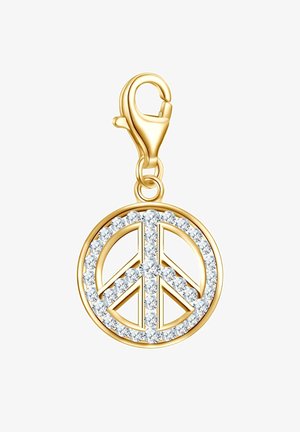 Zelta miers zīmes piekariņš ar caurspīdīgiem rhinestones, ar lobstera sprādzi. Cirkulārs dizains ar simetriskām daļām un gludu apdari.