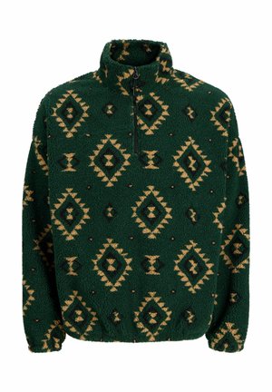 Grønt fleece sweat shirt med halv lynlås krave, der har et diamantmønster i tan og mørkegrøn med sorte detaljer. Blød, struktureret overflade.