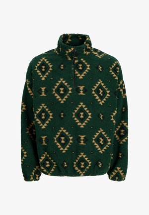 Zielona polarowa bluza z półsuwnym kołnierzem, z diamentowym wzorem w kolorze beżowym i ciemnozielonym z czarnymi akcentami. Miękka, teksturowana powierzchnia.