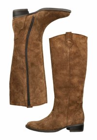 Stivali al ginocchio in suede marrone con zip laterale, design sagomato, punta leggermente arrotondata e tacco basso impilato.