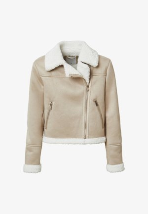 Beige Kunstlederjacke mit einem weißen Schaffellkragen und -manschetten, Reißverschluss-Taschen und einem verkürzten Design. Insgesamt glatte Textur.