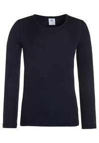Long-sleeve navy shirt made from soft fabric. Features a round neckline and fitted design with minimal stitching details.