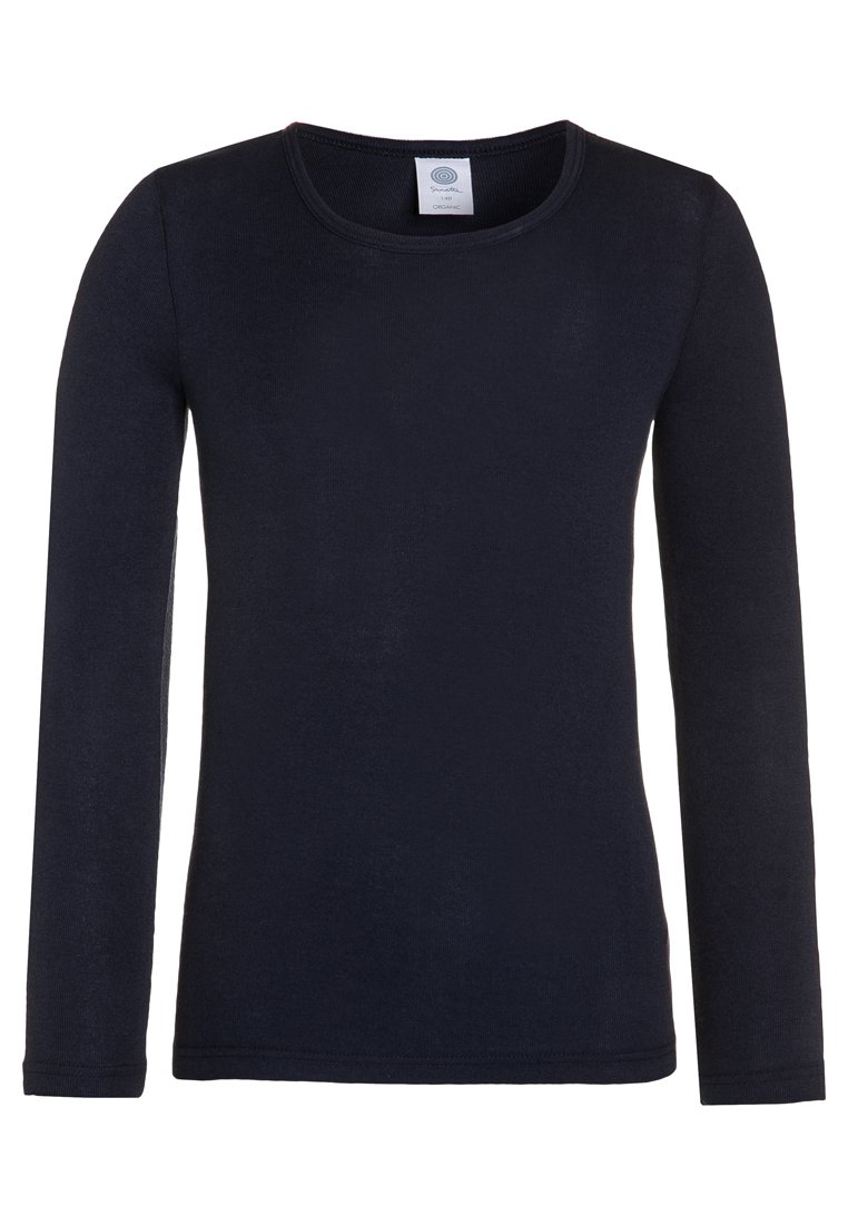 Long-sleeve navy shirt made from soft fabric. Features a round neckline and fitted design with minimal stitching details.