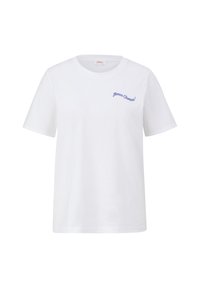 White cotton t-shirt with short sleeves and a crew neck. Features a blue embroidered text "Bonne Chance!" on the front.