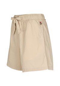 Béžová sukně po kolena s elastickým pasem, bočními kapsami, zavazovacím páskem a malým vyšívaným detailem u kapsy.