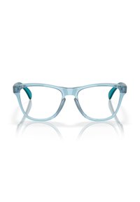 Occhiali da vista in plastica blu acquamarina con forma a occhio di gatto, dotati di lenti trasparenti e punte auricolari in teal a contrasto. Superficie liscia e hardware minimale.