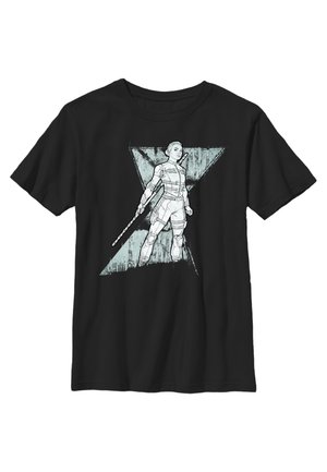 Sort bomulds T-shirt med et grafisk print af en karakter i en trekant med en tekstureret baggrund, omridset i hvidt og lyseblå detaljer.