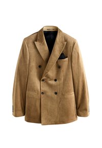 Dvojradový hnedý semišový blazer s klopovými chlopňami, dvoma prednými vreckami a čiernym vreckovým štvorcom. Textúrovaný, prispôsobený dizajn.